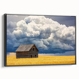 Landscape barn framed canvas art showcasing a serene rural scene with rich colors, presented from a black side view, perfect for home decor enthusiasts.