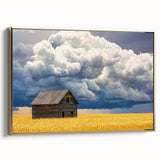 Barn-themed landscape canvas print with a gold frame, showcasing a serene rural scene in warm tones, perfect for home decor and rustic aesthetics.