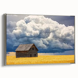 Barn-themed landscape canvas print featuring a silver frame, showcasing vibrant colors and intricate details, perfect for rustic home decor and art enthusiasts.