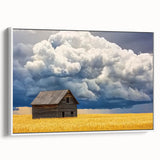 Landscape barn framed canvas art showcasing a rustic white barn in a serene countryside setting. The canvas features vibrant colors and intricate details, perfect for adding charm to home decor.