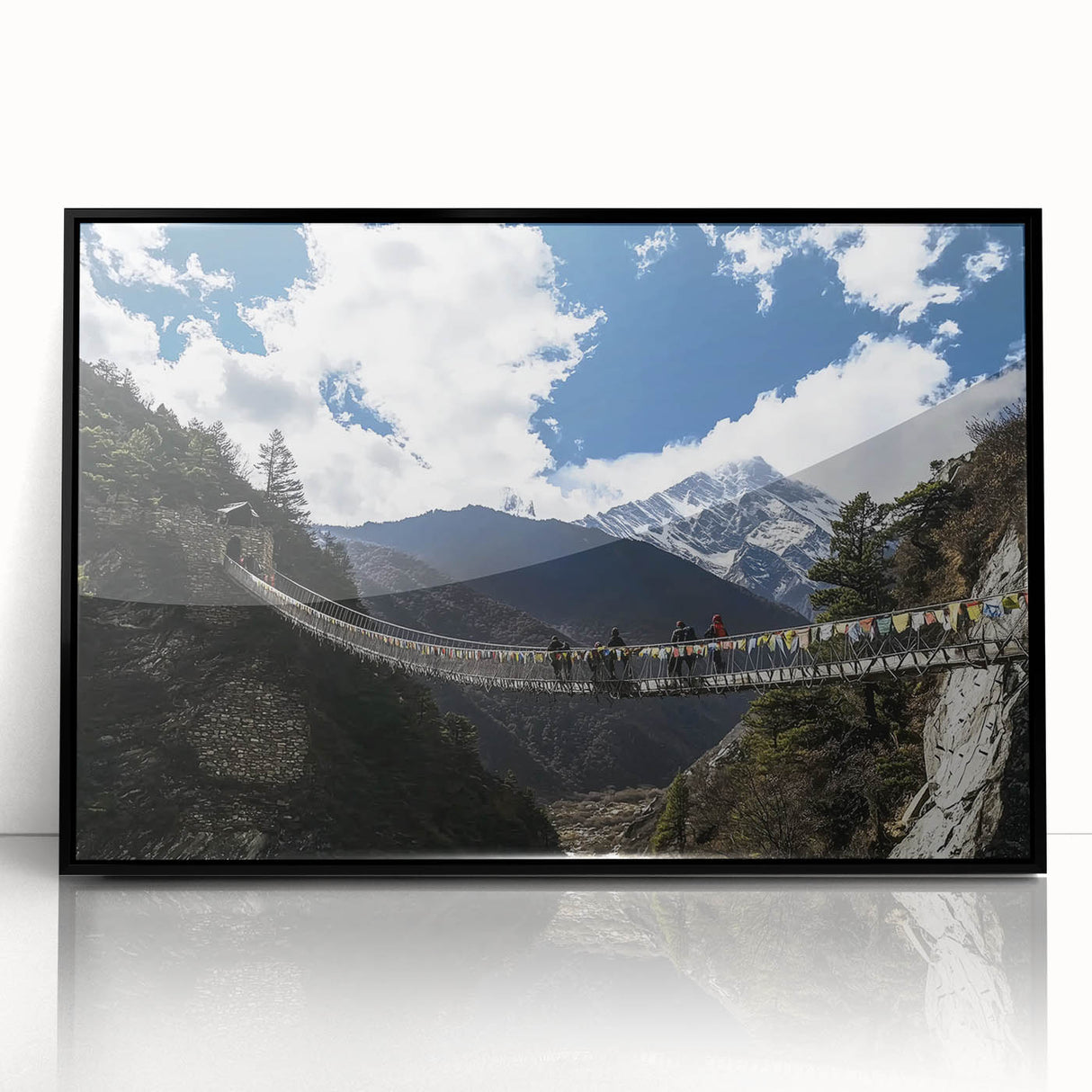Framed acrylic artwork showcasing a modern landscape bridge design with a black frame, ideal for contemporary home decor and art enthusiasts.