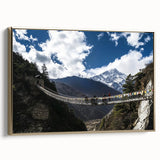 Framed canvas artwork showcasing a stunning landscape of a bridge with gold accents, positioned at a side view to highlight its intricate details, perfect for home decor.