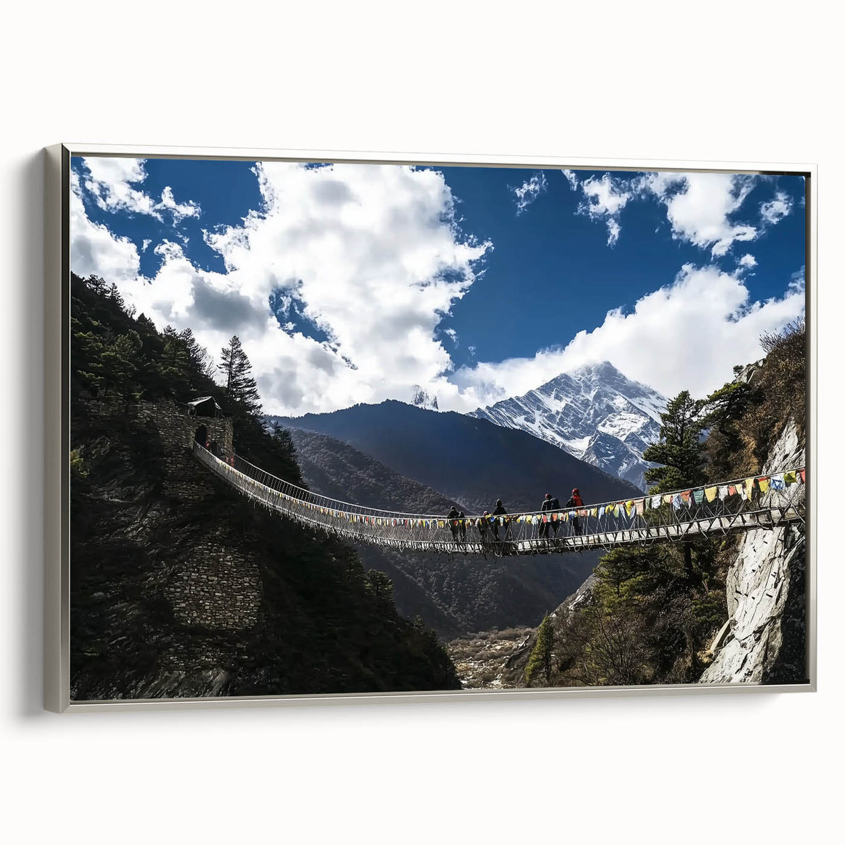Framed canvas artwork showcasing a stunning silver landscape bridge, highlighted by intricate details and vibrant colors, perfect for modern home decor.