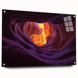 Vibrant landscape artwork of canyons printed on acrylic glass, showcasing intricate details and vivid colors, displayed in a side view with decorative pins.