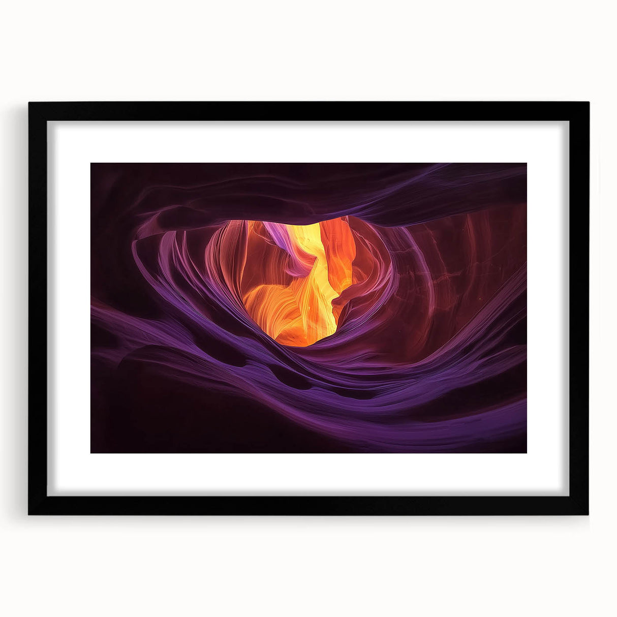 Framed landscape artwork showcasing vibrant canyons in rich earth tones, featuring a sleek black mat and frame, ideal for enhancing home decor aesthetics.