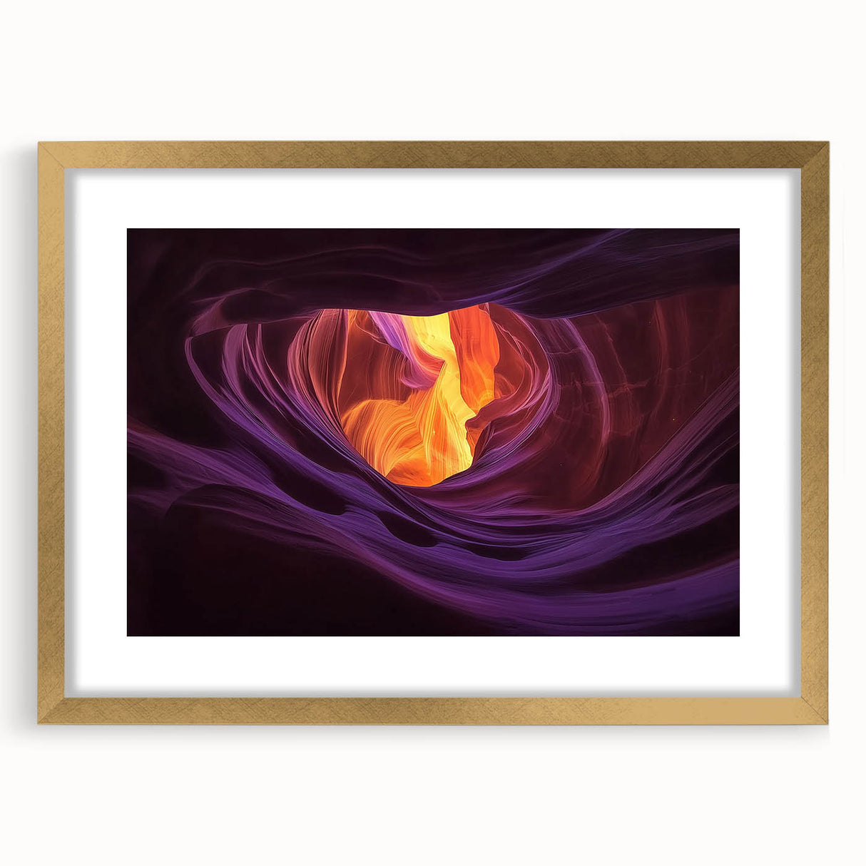 Elegant gold-framed landscape artwork depicting serene canyons, showcasing intricate details and a sophisticated mat, ideal for enhancing home decor.