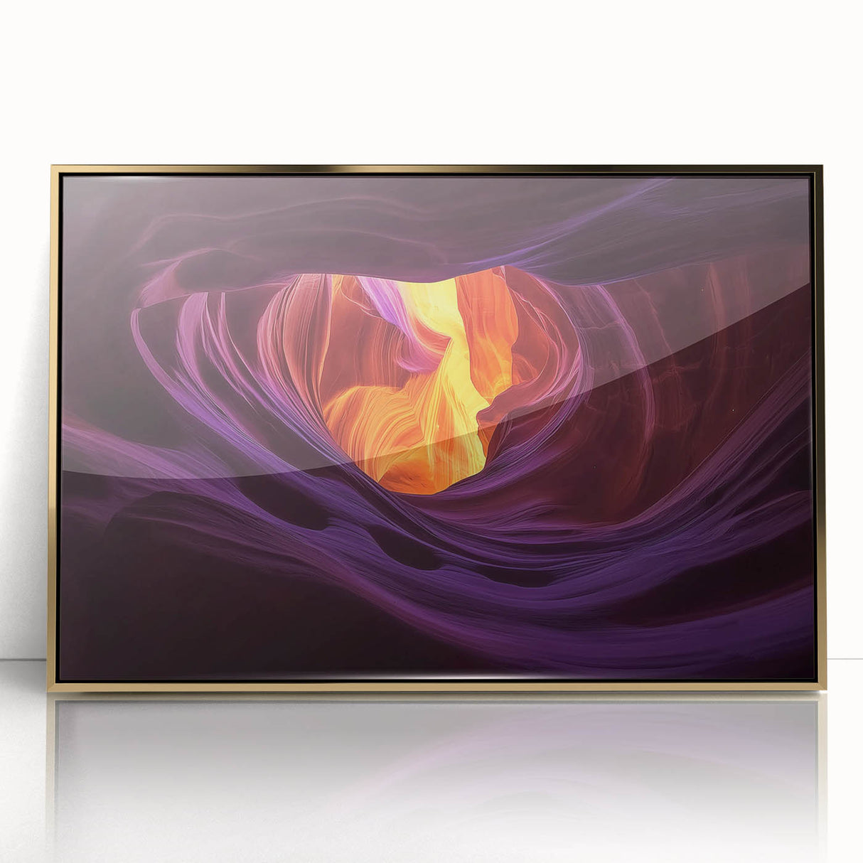 Framed acrylic artwork depicting vibrant canyons in gold tones, ideal for modern home decor, enhancing any living space with a touch of elegance.