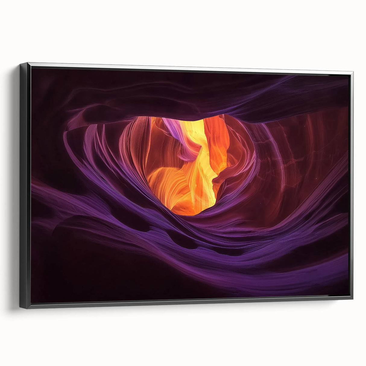 Framed canvas artwork depicting a stunning landscape of canyons in rich earthy tones, featuring a sleek black frame that enhances the visual appeal, perfect for home decor.