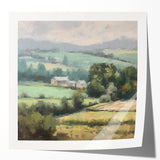 Landscape wall art print showcasing a serene countryside scene, featuring lush green fields and a vibrant blue sky, presented in a glossy finish for a modern touch.