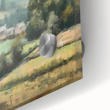 Close-up of a vibrant landscape wall art piece featuring lush green countryside and a serene blue sky, printed on acrylic glass for modern decor aesthetics. This artwork enhances any living space with its vivid colors and detailed imagery, perfect for nature lovers.