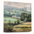 Acrylic glass wall art depicting a serene countryside landscape, showcasing vibrant colors and intricate details, displayed side view with mounting pins for easy installation.