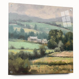 Acrylic glass wall art depicting a serene countryside landscape, showcasing vibrant colors and intricate details, displayed side view with mounting pins for easy installation.