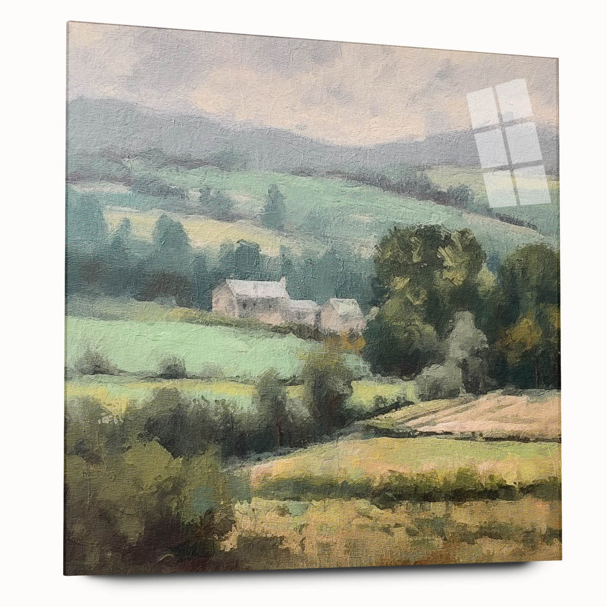 Landscape wall art depicting a serene countryside scene, framed in acrylic glass, showcasing vibrant greens and soft blues, perfect for home decor.