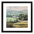 Framed landscape wall art depicting a serene countryside scene, featuring vibrant greenery and a clear blue sky, presented in a sleek black frame with a mat for enhanced elegance. Perfect for home decor and adding a touch of nature to interior spaces.
