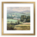 Framed landscape countryside wall art with a gold mat in front view, showcasing serene greenery and rolling hills, perfect for home décor and art lovers.