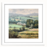 Landscape wall art featuring a serene countryside scene, framed in white with a mat, showcasing vibrant greenery and a blue sky, perfect for home decor.