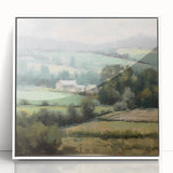 Framed acrylic wall art depicting a serene countryside landscape, featuring lush green fields and a clear blue sky, ideal for enhancing home decor.