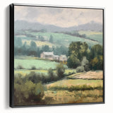 Framed landscape wall art depicting a serene countryside scene with lush green fields, vibrant trees, and a tranquil sky, presented in a sleek black frame.