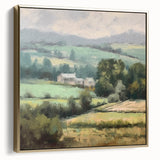 Framed landscape wall art depicting a serene countryside scene with vibrant greens and blues, accented by a stylish silver and gold frame, perfect for home decor.