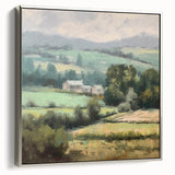 Framed landscape wall art depicting a serene countryside scene with vibrant greenery and a silver frame, perfect for enhancing home decor and creating a calming atmosphere.