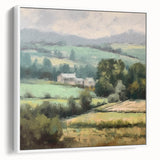 Framed landscape wall art depicting a serene countryside scene, featuring lush green fields and a soft blue sky, ideal for home decor enhancement.
