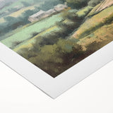 Vibrant rolled canvas depicting a serene countryside landscape with lush green fields and a clear blue sky, ideal for home decor or art enthusiasts.
