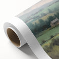 Vibrant landscape wall art on rolled canvas, showcasing a serene countryside scene with lush greenery and rolling hills, ideal for home decor.