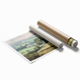 Landscape wall art print showcasing a serene countryside scene with lush greenery and a clear blue sky, elegantly rolled and ready for display in home decor.