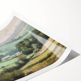 Landscape countryside wall art print showcasing vibrant green fields under a bright blue sky, rolled for easy shipping and display in home decor.