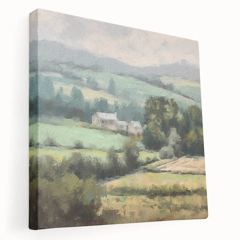 Stretched landscape wall art showcasing a serene countryside scene with vibrant greenery and a clear blue sky, perfect for home decor. The canvas enhances any room's ambiance.