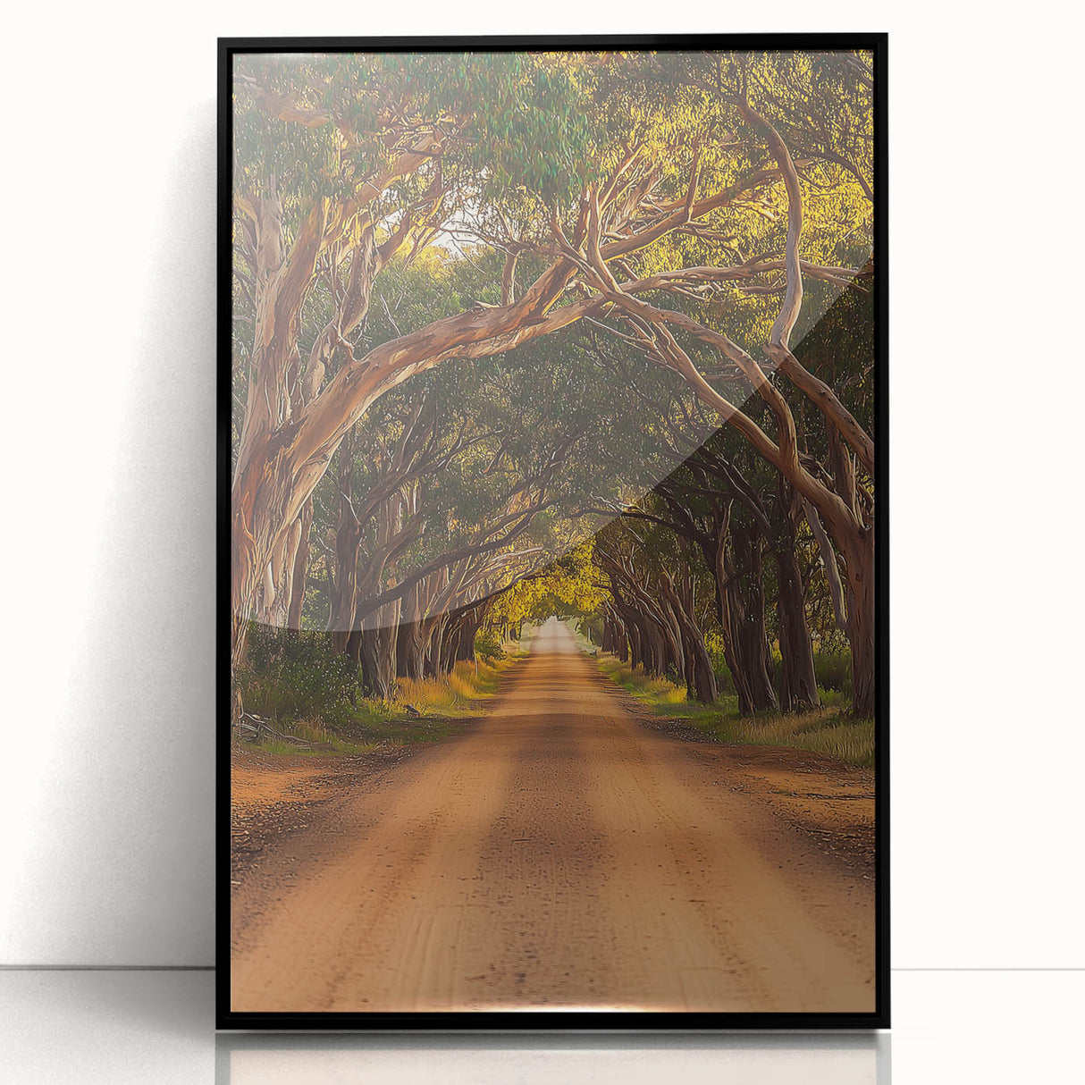 Framed acrylic print showcasing a serene countryside landscape with vibrant green fields and a blue sky, highlighted by a sleek black frame, perfect for home décor.
