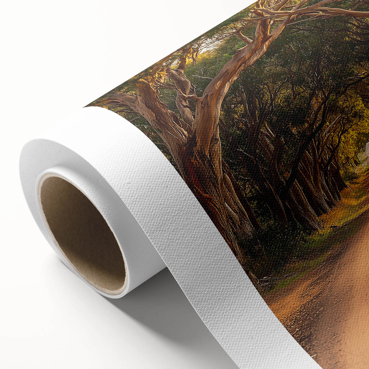 Rolled canvas art depicting a serene countryside landscape, showcasing lush green fields and a vibrant sunset. Perfect for home decor and interior design.