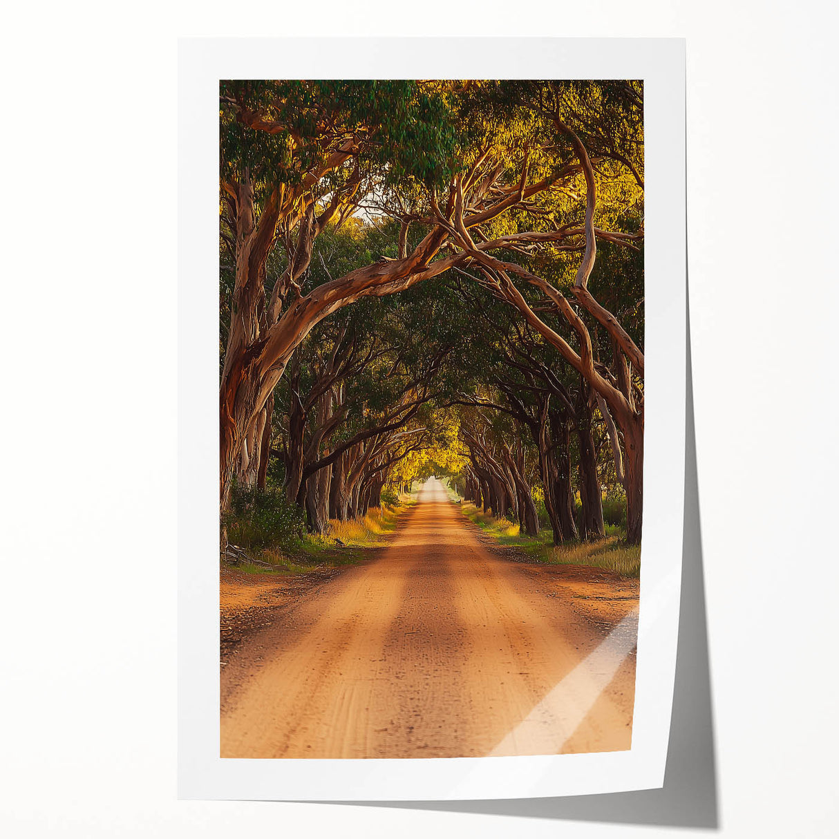 Rolled print showcasing a vibrant countryside landscape with rolling hills and lush greenery, elegantly packaged in a protective cardboard tube for safe shipping.