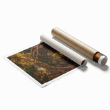 Rolled print showcasing a vibrant countryside landscape with rolling hills and a clear blue sky, elegantly packaged in a protective cardboard tube for safe shipping.