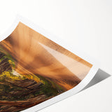 Rolled print showcasing a vibrant countryside landscape with rolling hills and a serene sky, elegantly packaged in a protective cardboard tube for easy transport and display.