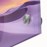 Close-up of a vibrant desert landscape design printed on acrylic glass, showcasing rich hues of orange and yellow with intricate textures, ideal for modern home decor.