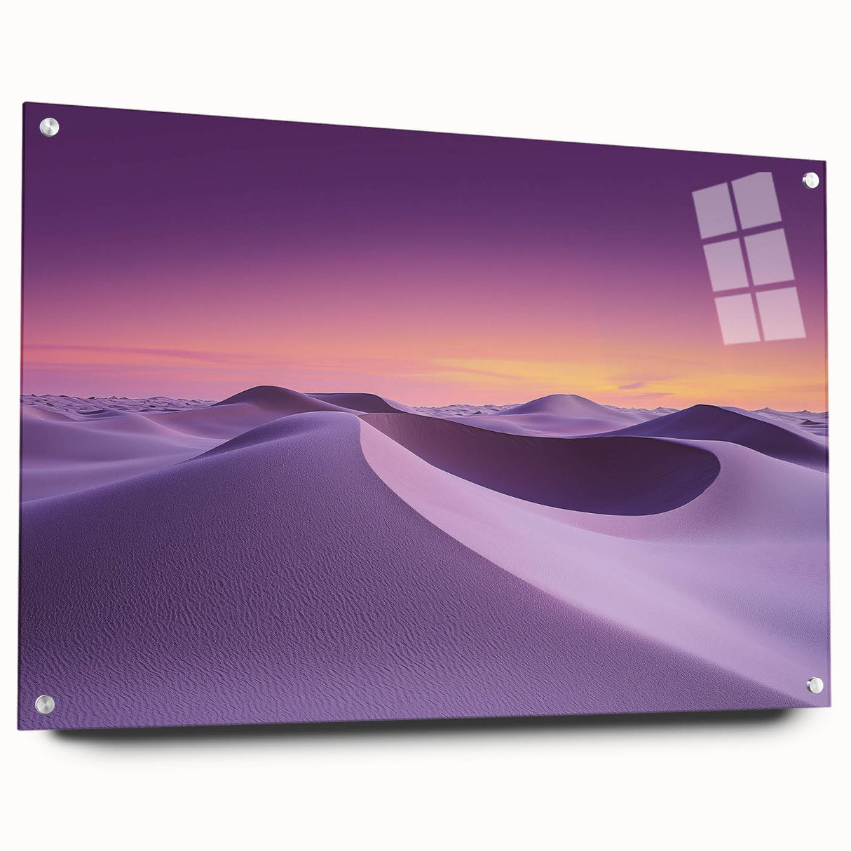 Acrylic glass landscape art showcasing a vibrant desert scene with rich colors and intricate details, elegantly displayed with decorative pins for a modern aesthetic.