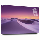 Acrylic glass landscape art showcasing a vibrant desert scene with rich colors and intricate details, elegantly displayed with decorative pins for a modern aesthetic.