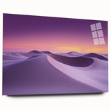 Desert landscape acrylic print showcasing vibrant hues of orange and yellow, designed for wall display, highlighting serene sand dunes and a clear sky view.