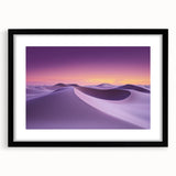 Framed landscape artwork depicting a serene desert scene, featuring warm earthy tones and intricate details, encased in a sleek black frame with a mat.