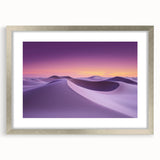 Desert landscape artwork framed in silver with a white mat, showcasing warm earth tones and intricate details, ideal for home decor or office spaces.