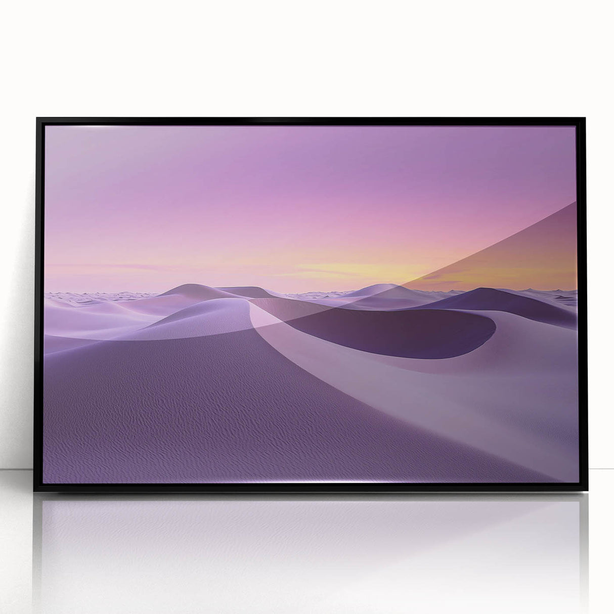 Framed acrylic artwork showcasing a vibrant desert landscape with striking colors and textures, set in a sleek black frame, ideal for modern home decor.