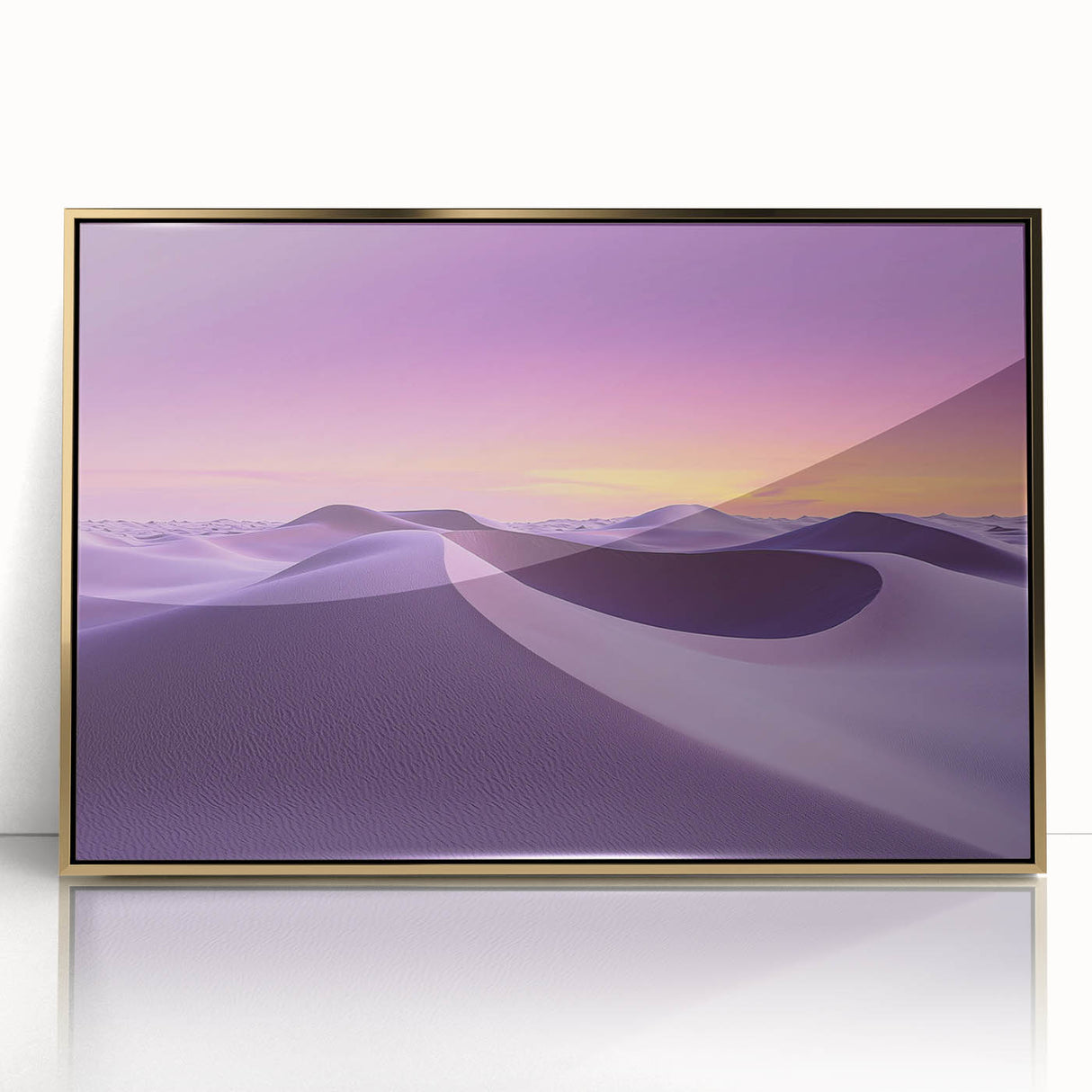 Framed acrylic artwork depicting a stunning desert landscape with golden hues, ideal for modern decor. Perfect for adding warmth and sophistication to interior spaces.