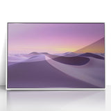 Framed acrylic artwork showcasing a vibrant desert landscape with warm hues of orange and yellow, set in a sleek white frame, ideal for modern home decor.