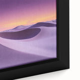 Close-up of a beautifully framed desert landscape canvas art featuring warm tones of orange and beige, highlighting intricate textures and details to enhance any decor.