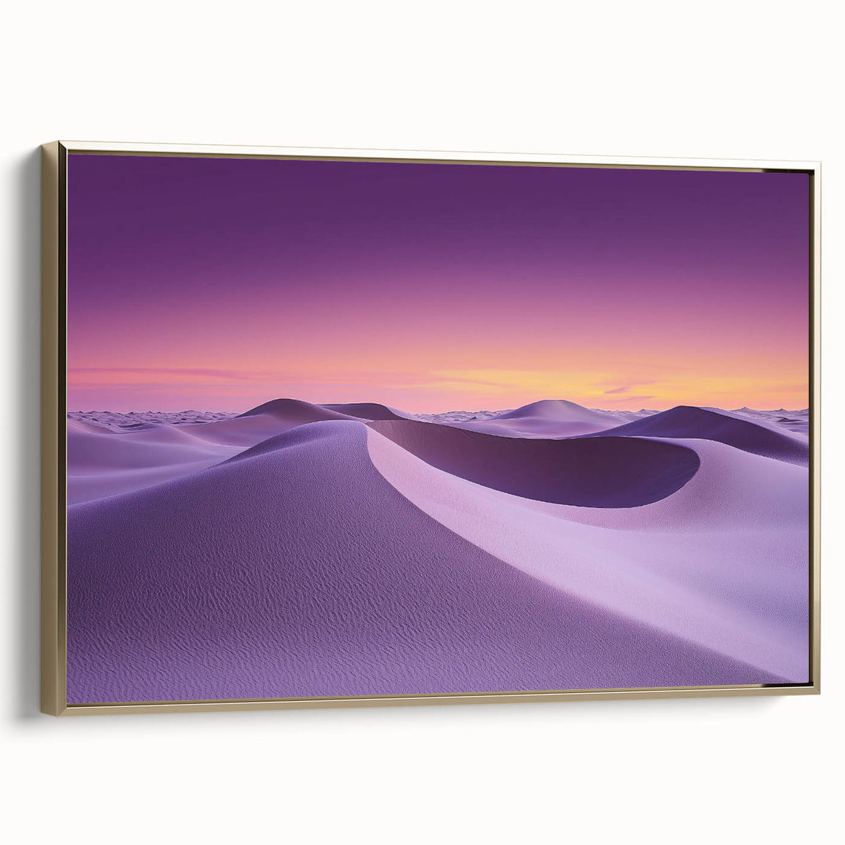 Framed canvas art depicting a serene desert landscape with golden tones, showcasing intricate details and textures, perfect for modern home decor.