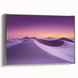 Framed canvas art depicting a stunning desert landscape with warm hues and intricate details, showcasing a silver frame that enhances its elegance. Perfect for home décor.