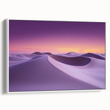 Framed canvas artwork depicting a serene desert landscape with warm hues of orange and yellow, complemented by a sleek white frame, ideal for modern home decor.