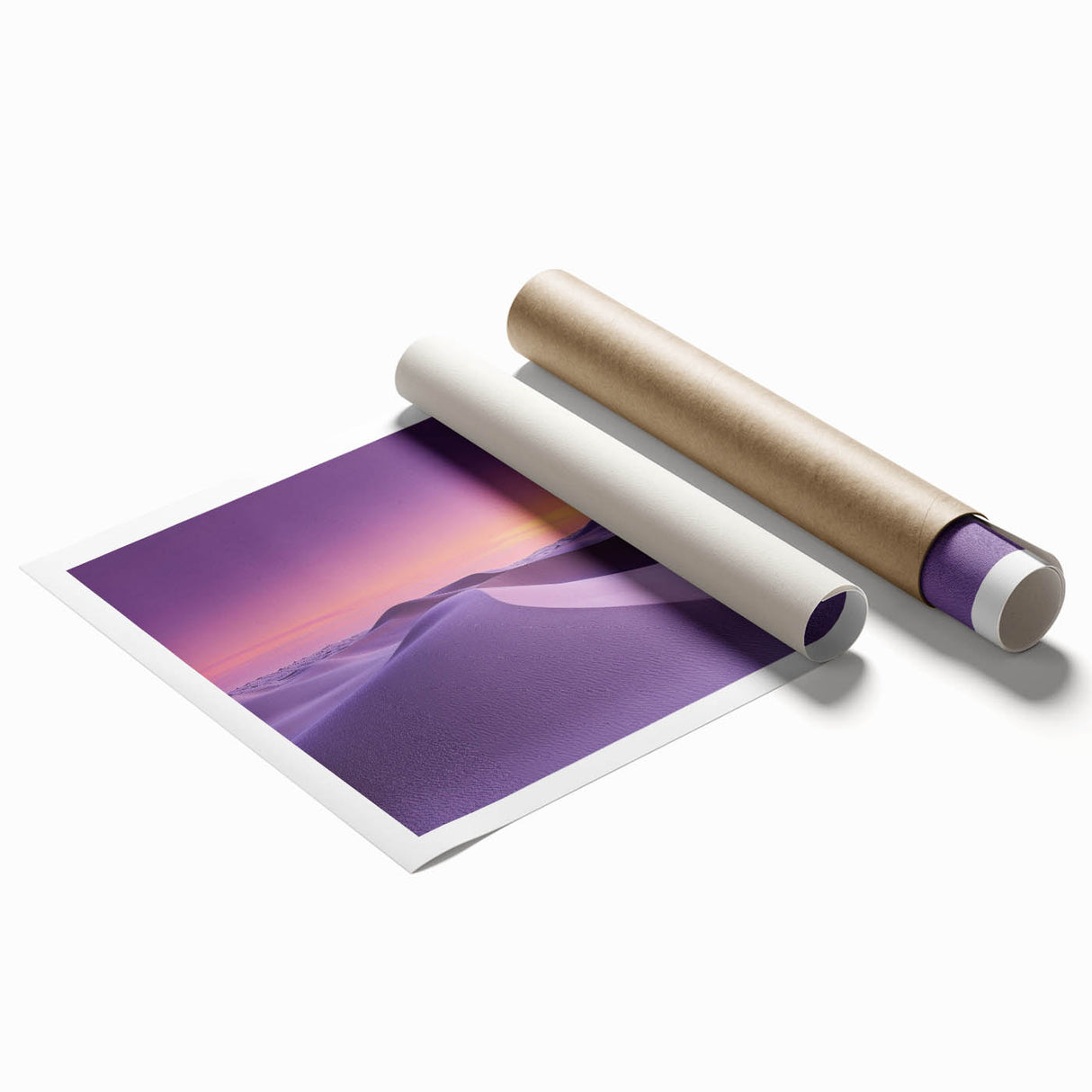 Desert landscape rolled print showcasing vibrant hues of orange and yellow, featuring intricate details of sand dunes and a clear blue sky, packaged securely in a cardboard tube for delivery.