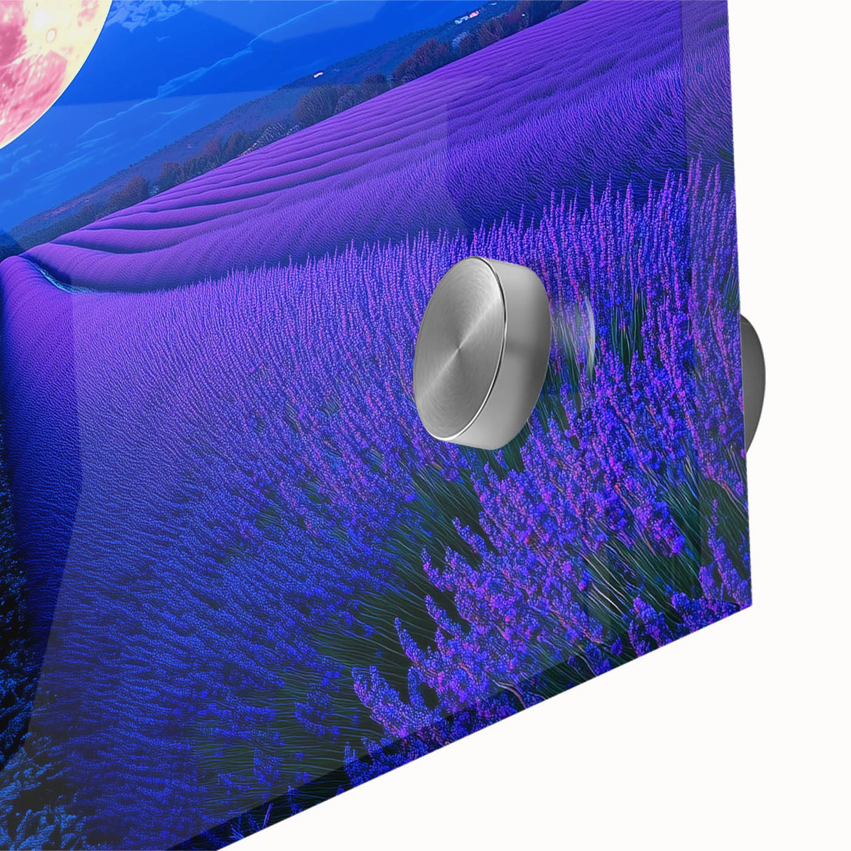 Vibrant close-up of an acrylic glass landscape design showcasing lush green fields under a bright blue sky, ideal for modern home decor and art enthusiasts.